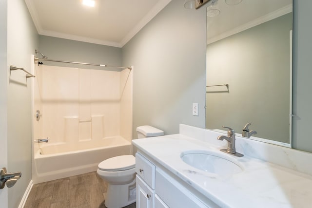 full bathroom featuring vanity, bathing tub / shower combination, crown molding, wood-type flooring, and toilet