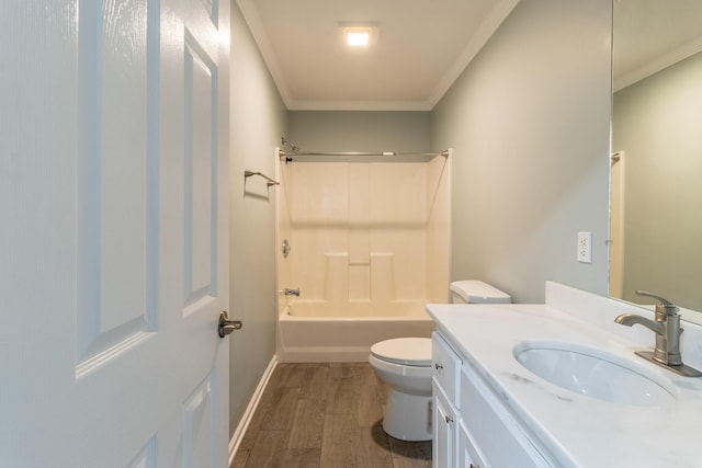 full bathroom with hardwood / wood-style flooring, vanity, toilet, and crown molding