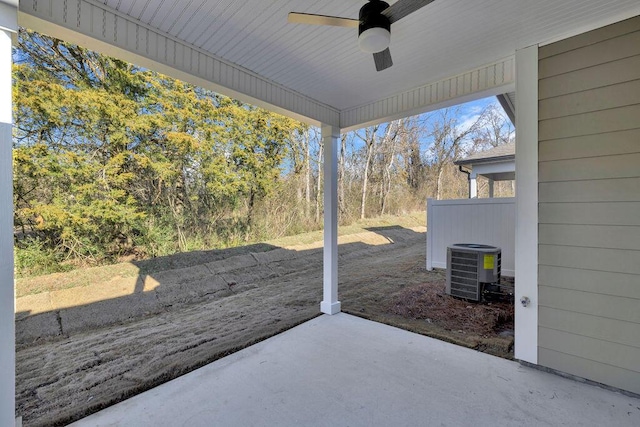 view of patio with ceiling fan and central AC unit