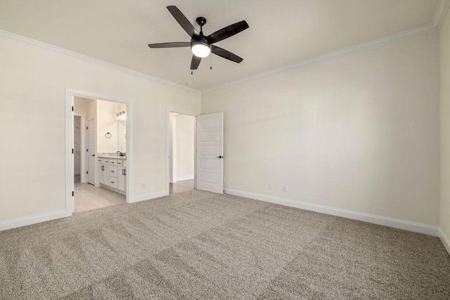 1699 Whisper Winds Ln Unit 34, Ooltewah, TN 37363 - unfurnished bedroom featuring crown molding, light carpet, ensuite bath, and a ceiling fan