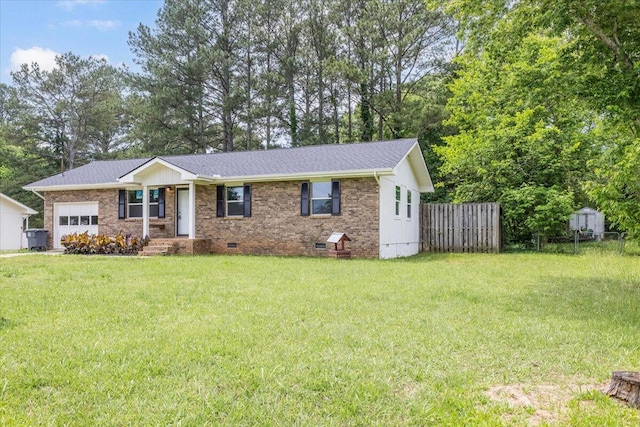 ranch-style home featuring crawl space, an attached garage, brick siding, and a shingled roof