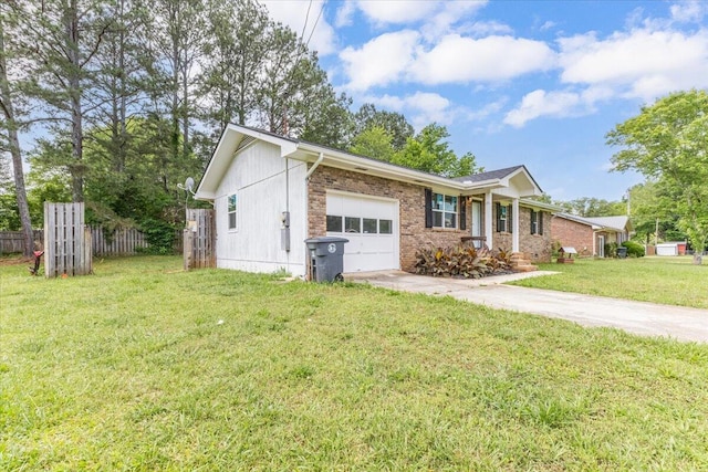 ranch-style house with concrete driveway, a garage, and brick siding