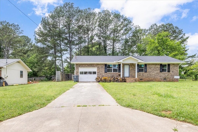 ranch-style house featuring a garage, driveway, crawl space, and brick siding