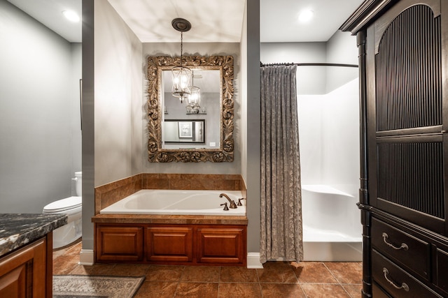 full bathroom featuring vanity, toilet, independent shower and bath, and an inviting chandelier