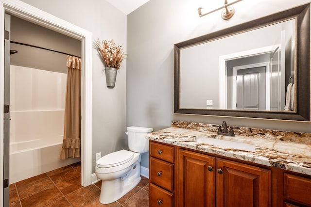 full bathroom with vanity, toilet, and shower / tub combo with curtain