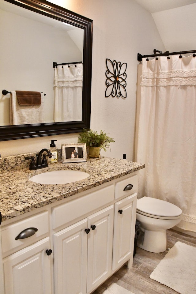 bathroom with toilet, wood-type flooring, vanity, and vaulted ceiling