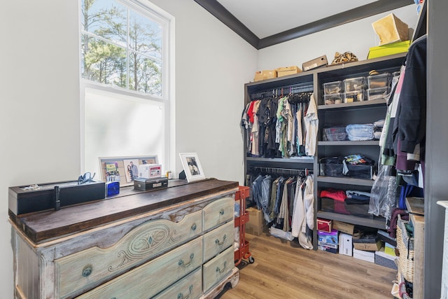 walk in closet featuring light hardwood / wood-style flooring