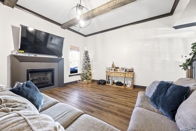 living room with hardwood / wood-style floors and beam ceiling