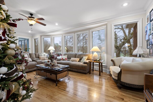 living room with light hardwood / wood-style floors, ceiling fan, and ornamental molding