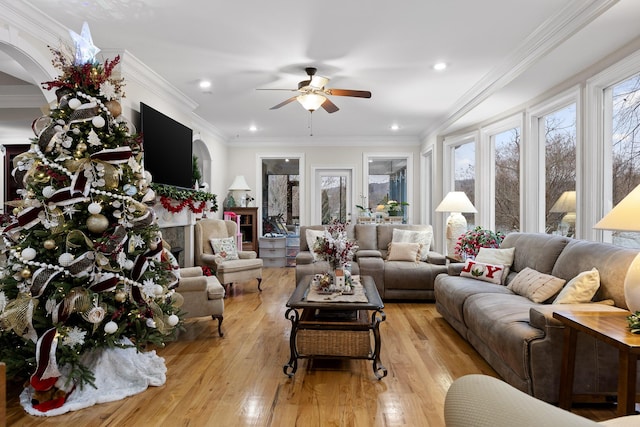 living room featuring ceiling fan, crown molding, and light hardwood / wood-style floors