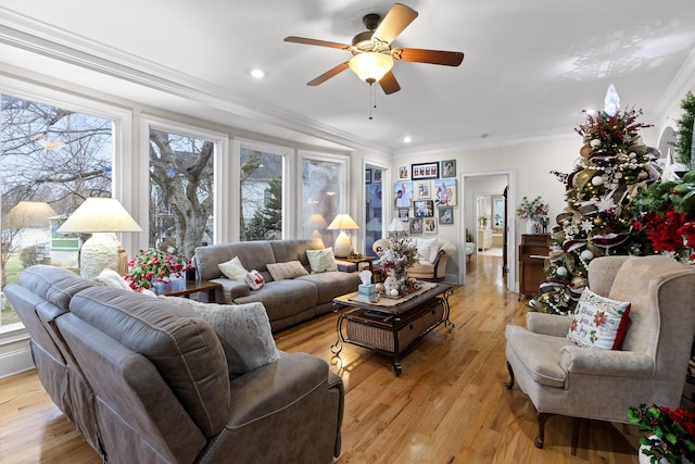 living room with light hardwood / wood-style flooring, ceiling fan, and ornamental molding