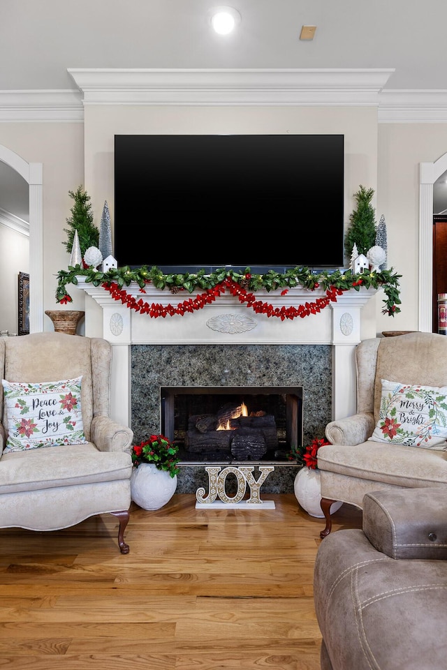 living room featuring a fireplace, wood-type flooring, and ornamental molding