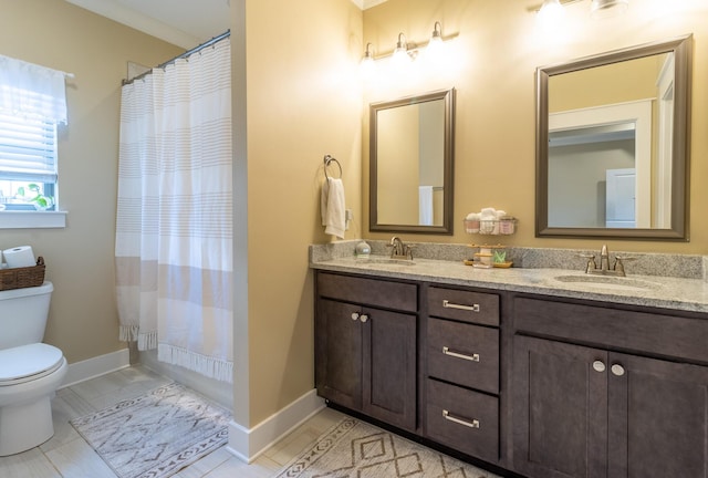 full bathroom with shower / bath combination with curtain, toilet, vanity, and tile patterned flooring