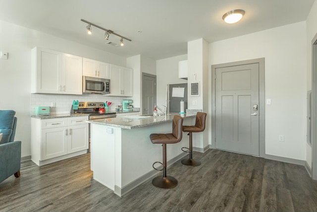 kitchen with light stone countertops, dark hardwood / wood-style flooring, white cabinets, and stainless steel appliances