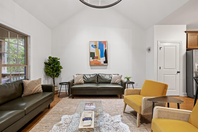 living room featuring wood-type flooring and vaulted ceiling