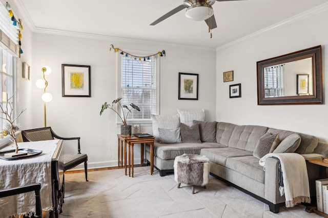 living room with crown molding and ceiling fan