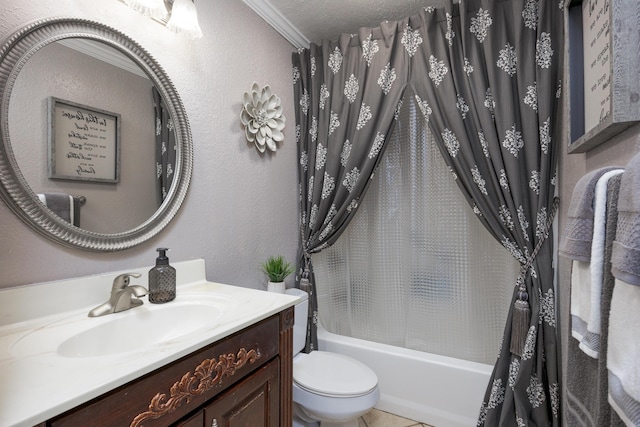 full bathroom featuring shower / tub combo, ornamental molding, vanity, a textured ceiling, and toilet