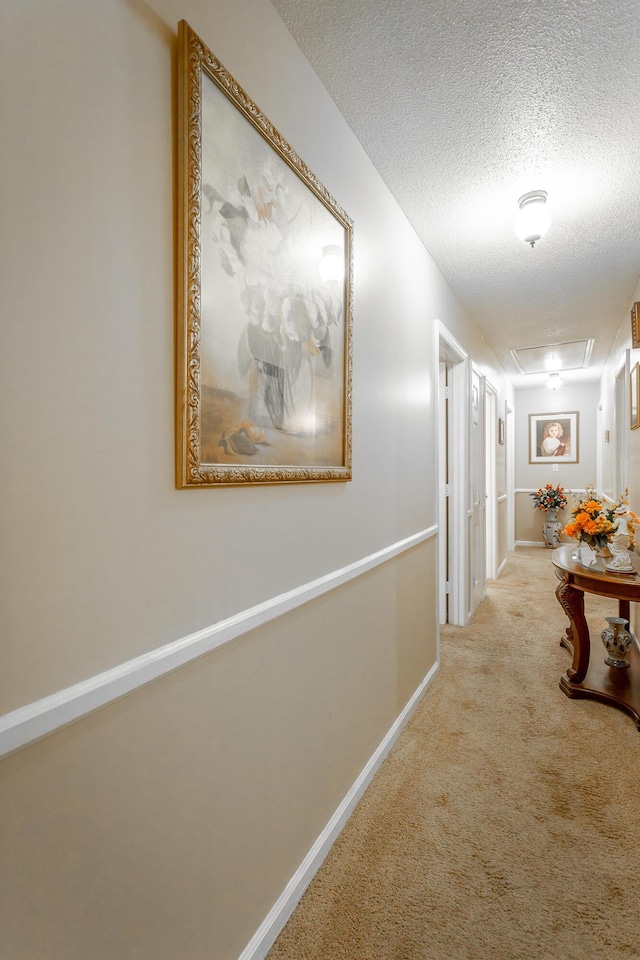 hallway featuring a textured ceiling and light colored carpet