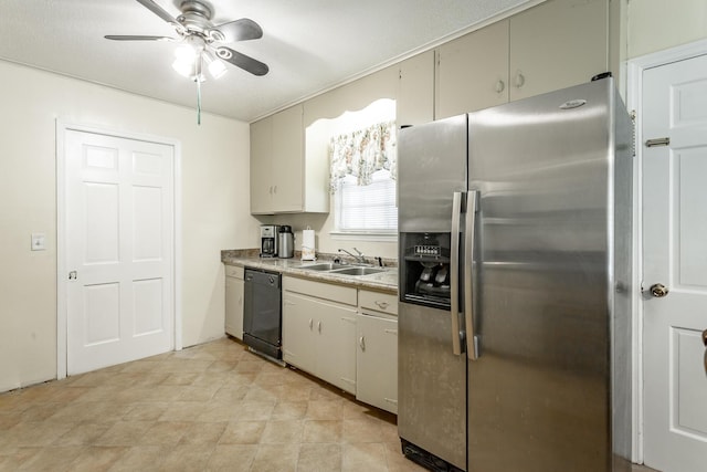 kitchen with stainless steel fridge with ice dispenser, dishwasher, ceiling fan, and sink