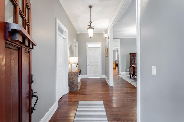 entrance foyer with dark hardwood / wood-style flooring and ornamental molding