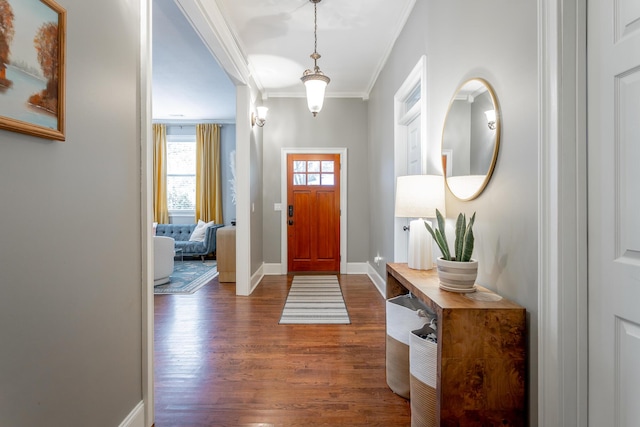 entrance foyer with dark hardwood / wood-style floors and crown molding