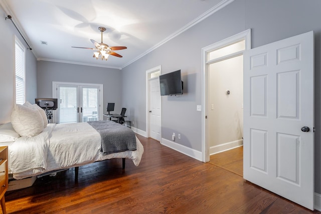 bedroom with hardwood / wood-style flooring, ceiling fan, ornamental molding, and french doors