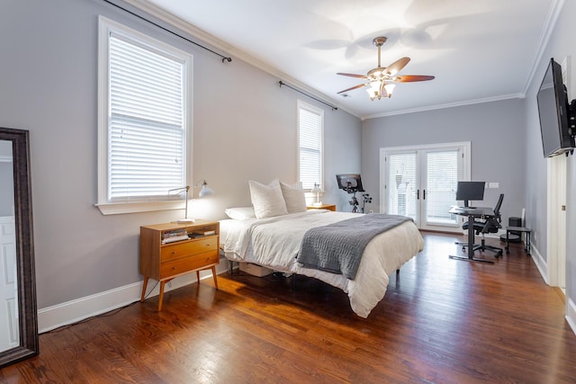 bedroom featuring access to outside, ceiling fan, crown molding, and dark hardwood / wood-style floors