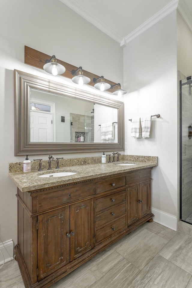 bathroom featuring crown molding, vanity, and an enclosed shower