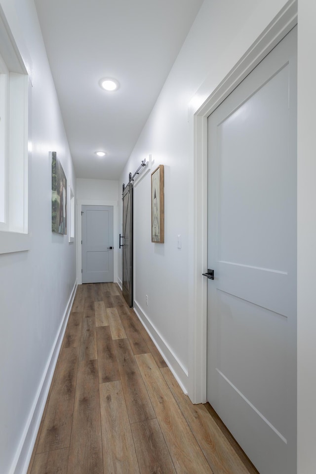 hallway featuring a barn door and light hardwood / wood-style floors