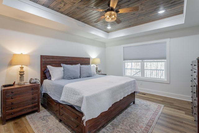 bedroom featuring a tray ceiling, dark wood-type flooring, wooden ceiling, and ceiling fan