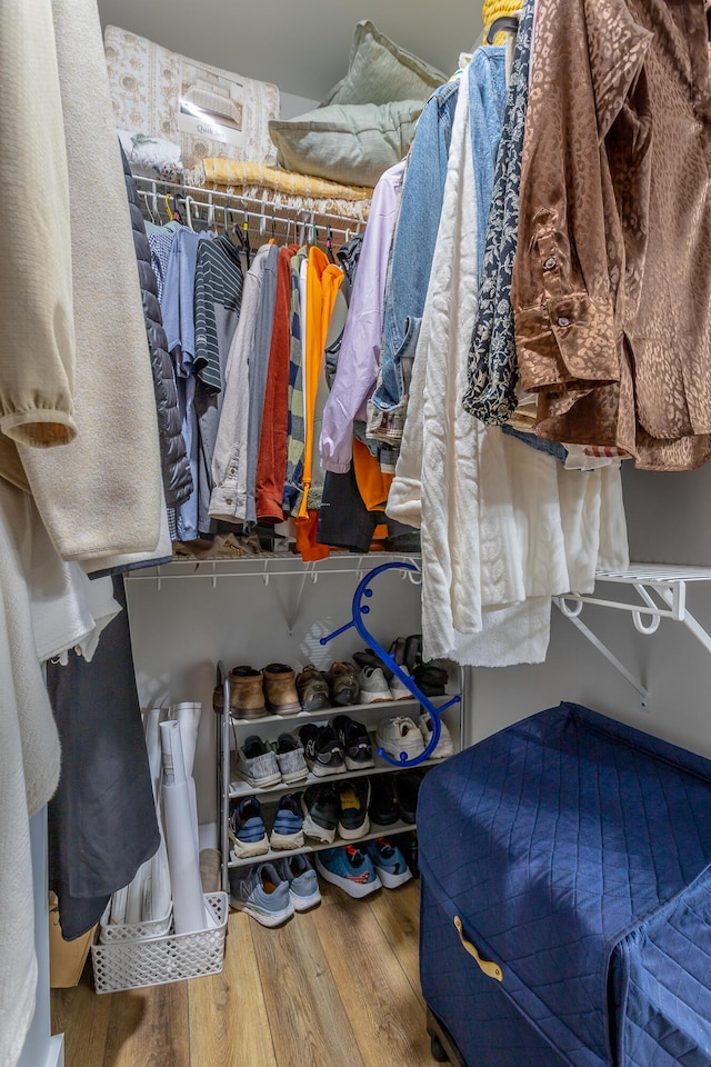 walk in closet with hardwood / wood-style flooring