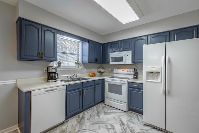 kitchen featuring white appliances, blue cabinets, and sink