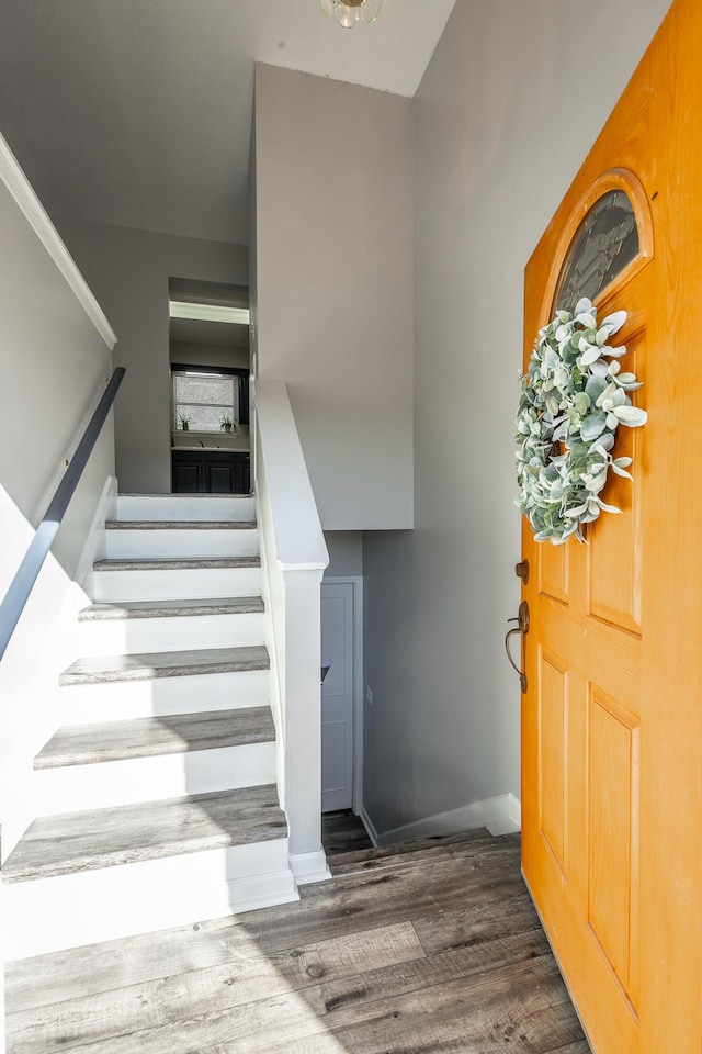 stairs with hardwood / wood-style flooring