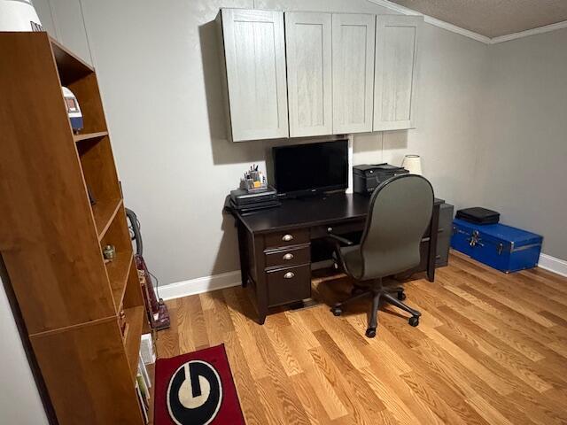 office featuring crown molding, light hardwood / wood-style floors, and a textured ceiling