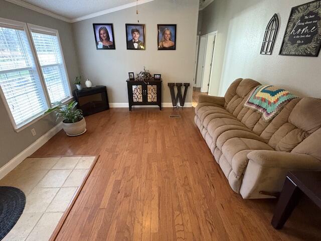 living room featuring a healthy amount of sunlight, light hardwood / wood-style flooring, crown molding, and lofted ceiling