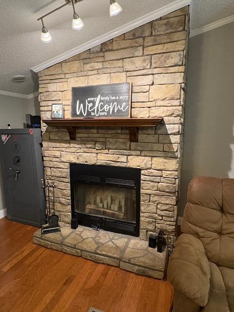 room details with wood-type flooring, a textured ceiling, a stone fireplace, and crown molding