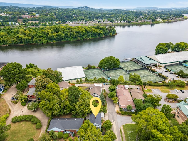 bird's eye view with a water view