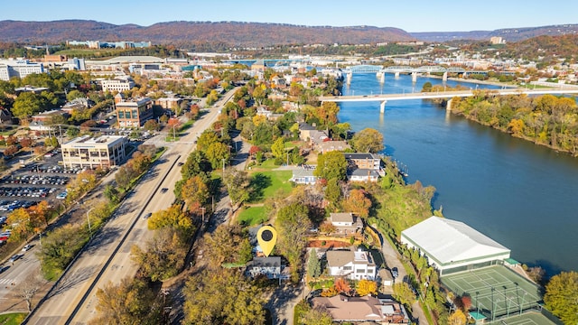 bird's eye view featuring a water and mountain view