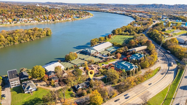 drone / aerial view featuring a water view