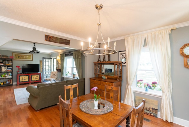 dining area featuring crown molding, hardwood / wood-style floors, and ceiling fan with notable chandelier