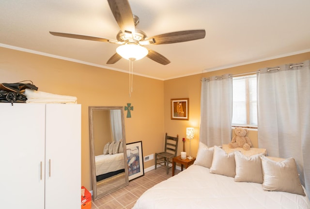 bedroom featuring ceiling fan and crown molding