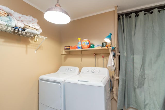 clothes washing area featuring washer and dryer and crown molding