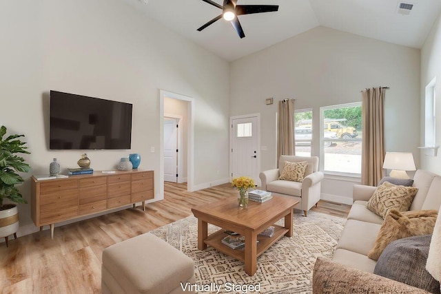 living room with ceiling fan, light hardwood / wood-style flooring, and high vaulted ceiling