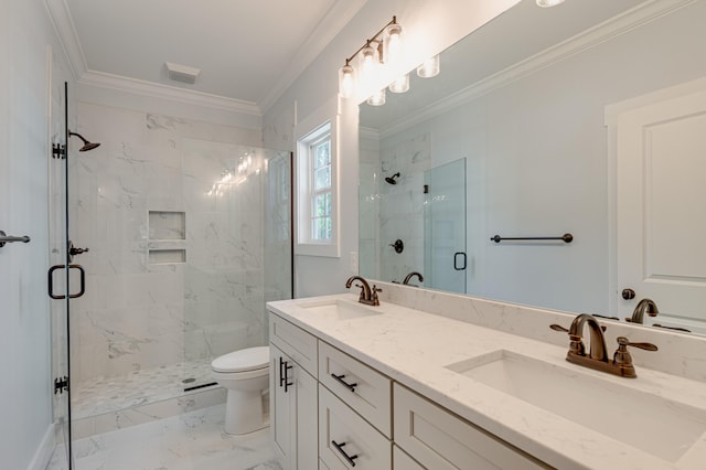 bathroom with crown molding, a shower with door, vanity, and toilet