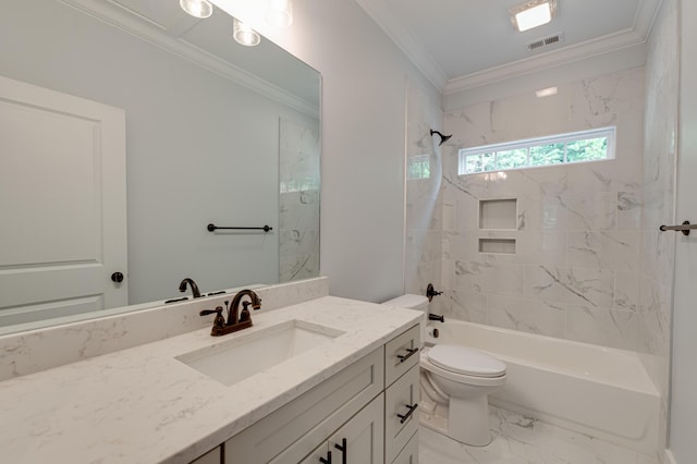 full bathroom with crown molding, vanity, tiled shower / bath combo, and toilet