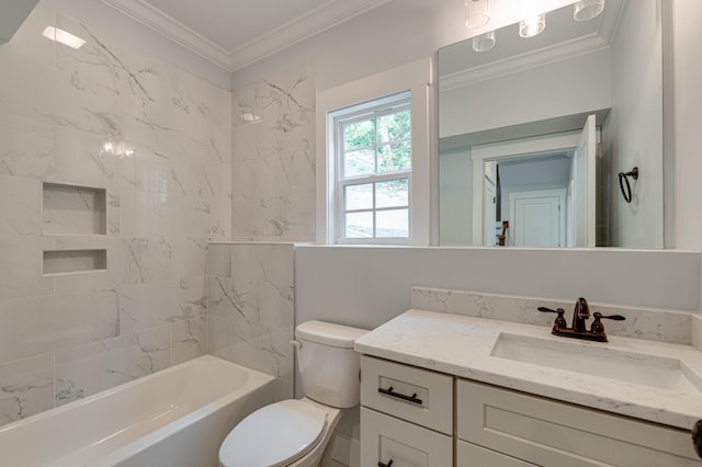 full bathroom with tiled shower / bath, toilet, vanity, and ornamental molding