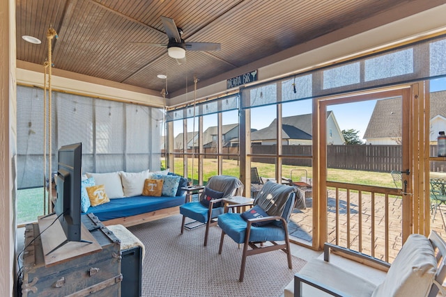 sunroom / solarium featuring ceiling fan and wood ceiling