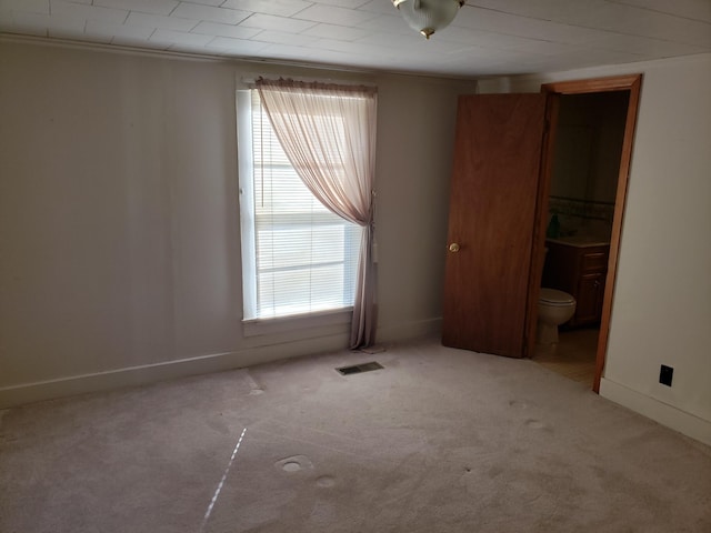 spare room with light colored carpet and crown molding