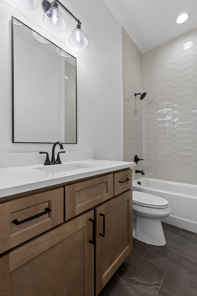 full bathroom with toilet, shower / tub combination, and vanity