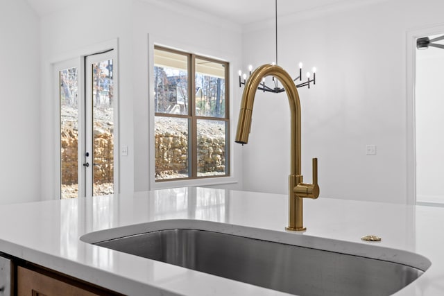 details featuring crown molding, light countertops, and a sink